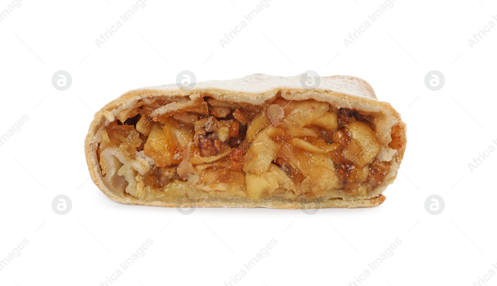 Photo of Delicious cut strudel with apples, nuts and raisins isolated on white