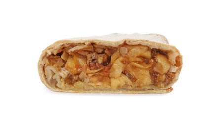 Delicious cut strudel with apples, nuts and raisins isolated on white