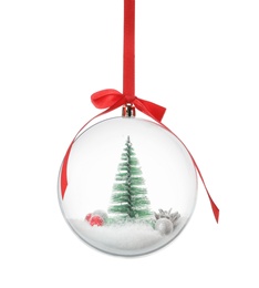 Photo of Beautiful Christmas snow globe hanging on white background