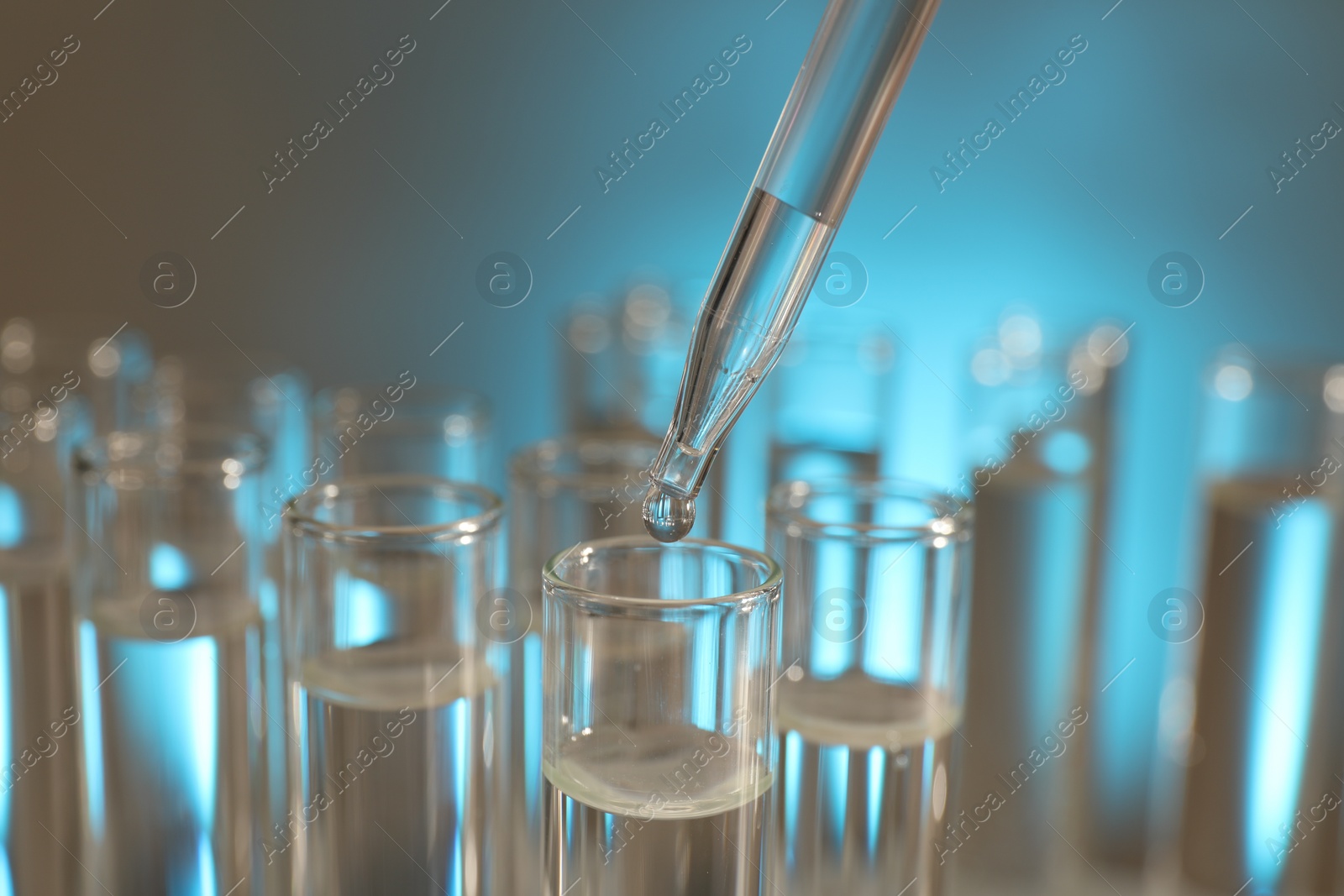 Photo of Dripping liquid from pipette into test tube on light background, closeup