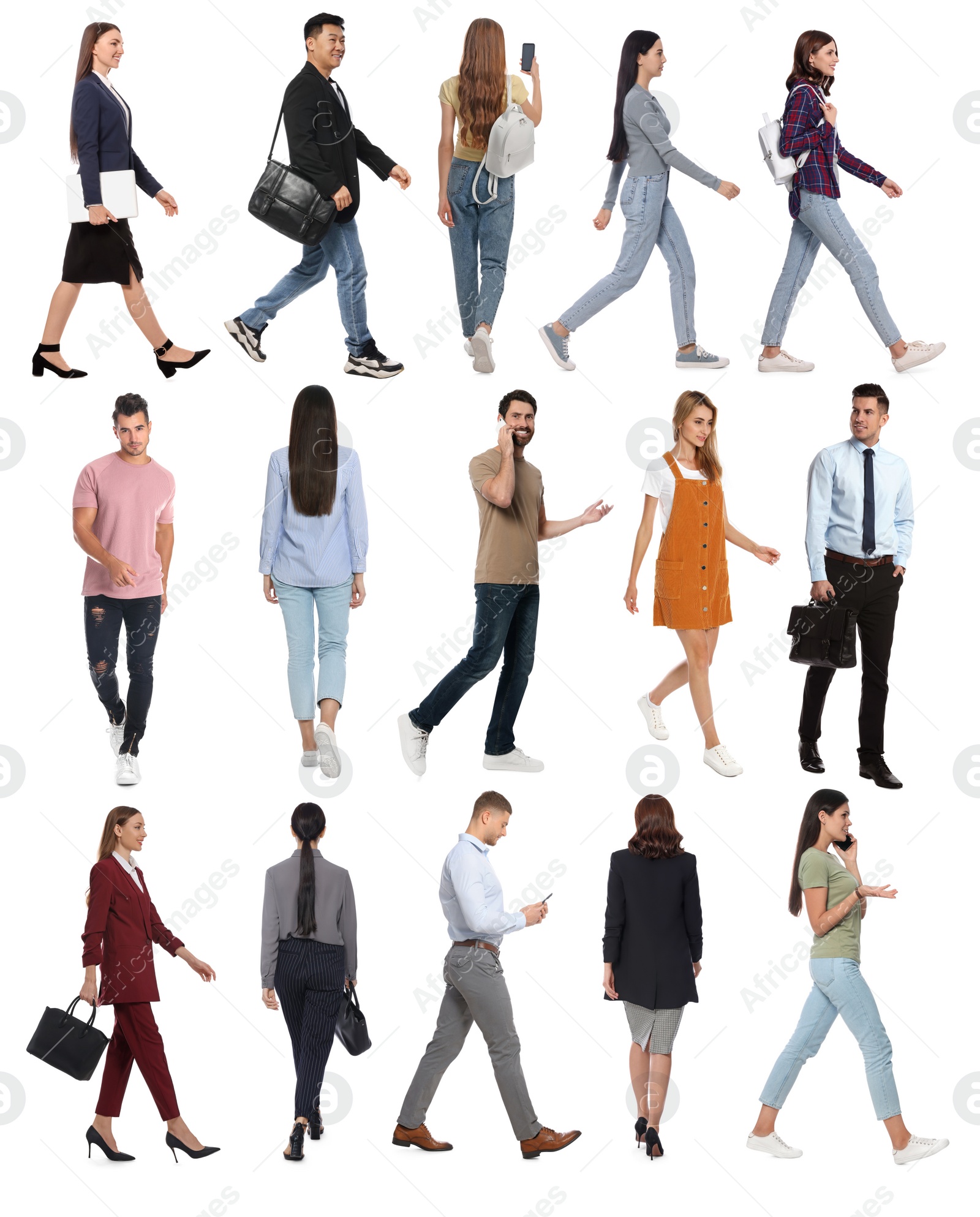 Image of Collage with photos of people wearing stylish outfit walking on white background