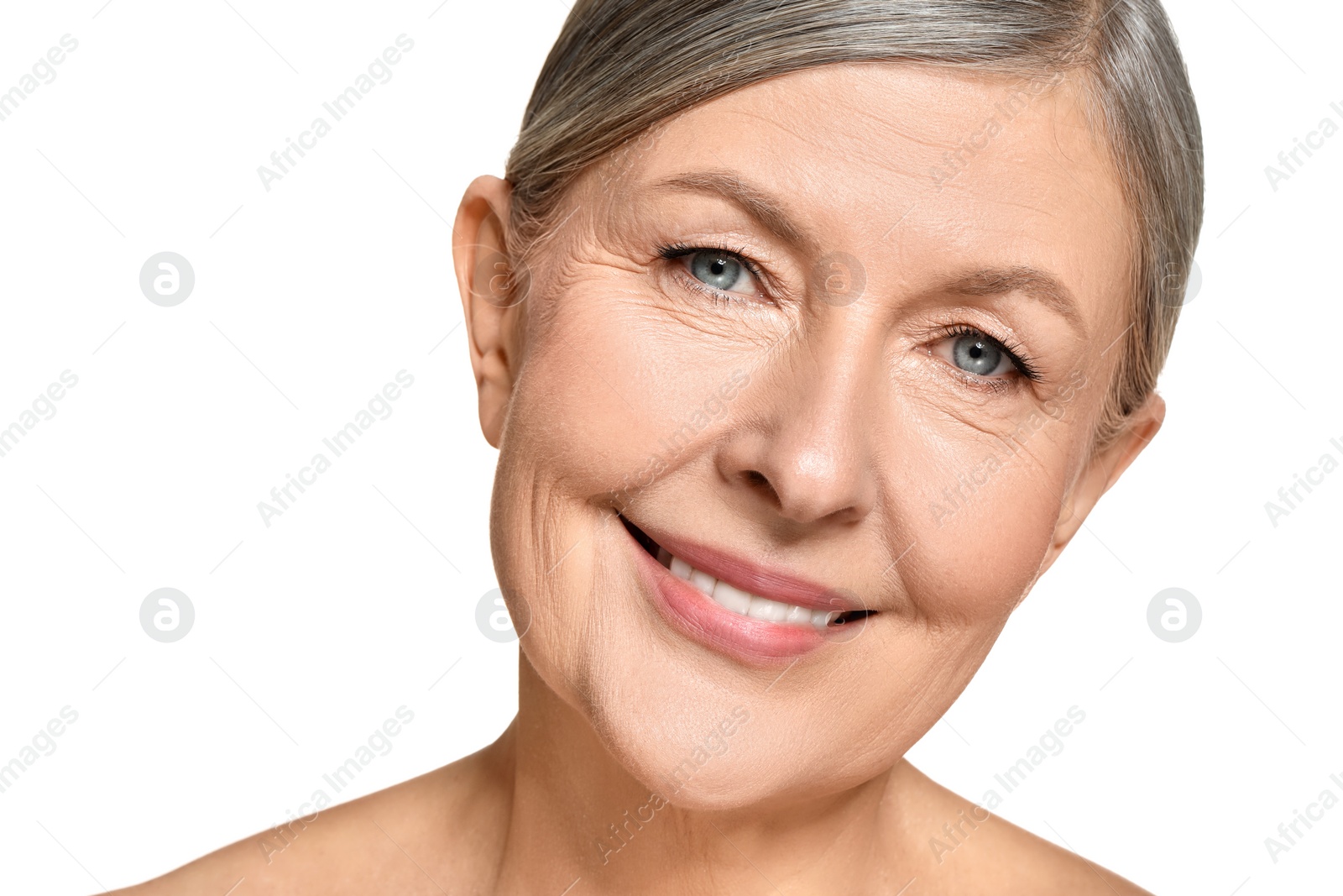 Photo of Beautiful mature woman with healthy skin on white background