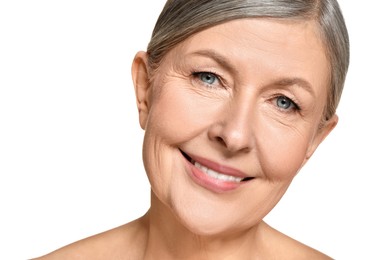 Photo of Beautiful mature woman with healthy skin on white background