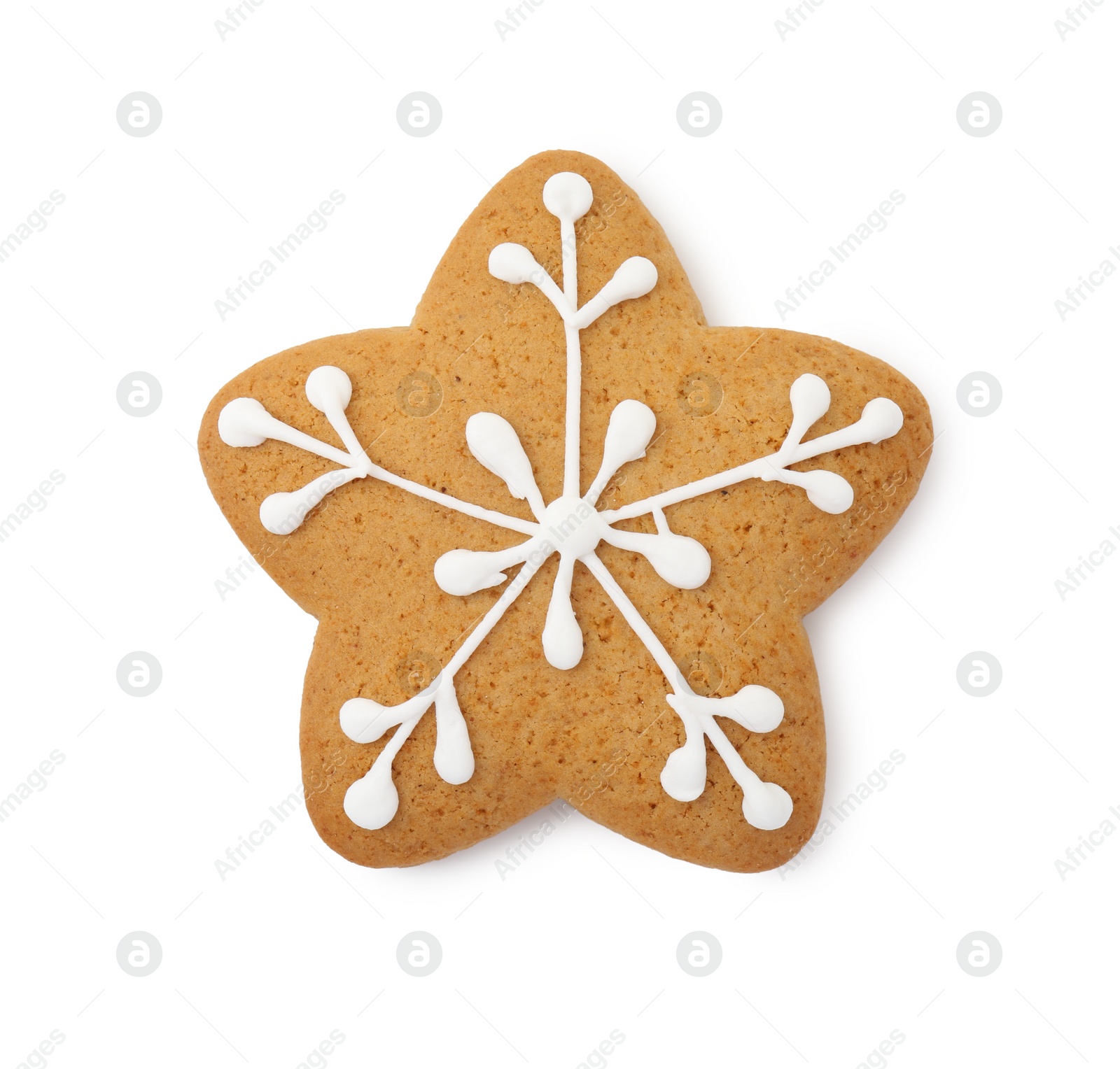 Photo of Tasty star shaped Christmas cookie with icing isolated on white, top view