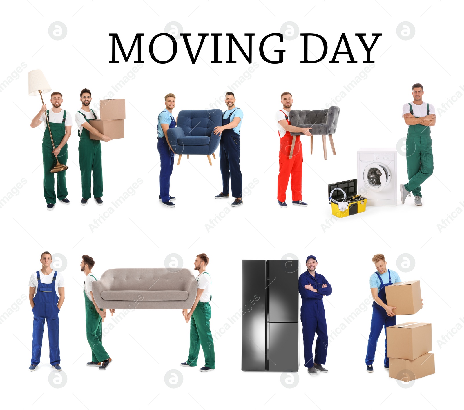 Image of Collage with photos of workers carrying furniture and appliances on white background. Moving service