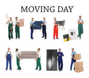 Image of Collage with photos of workers carrying furniture and appliances on white background. Moving service