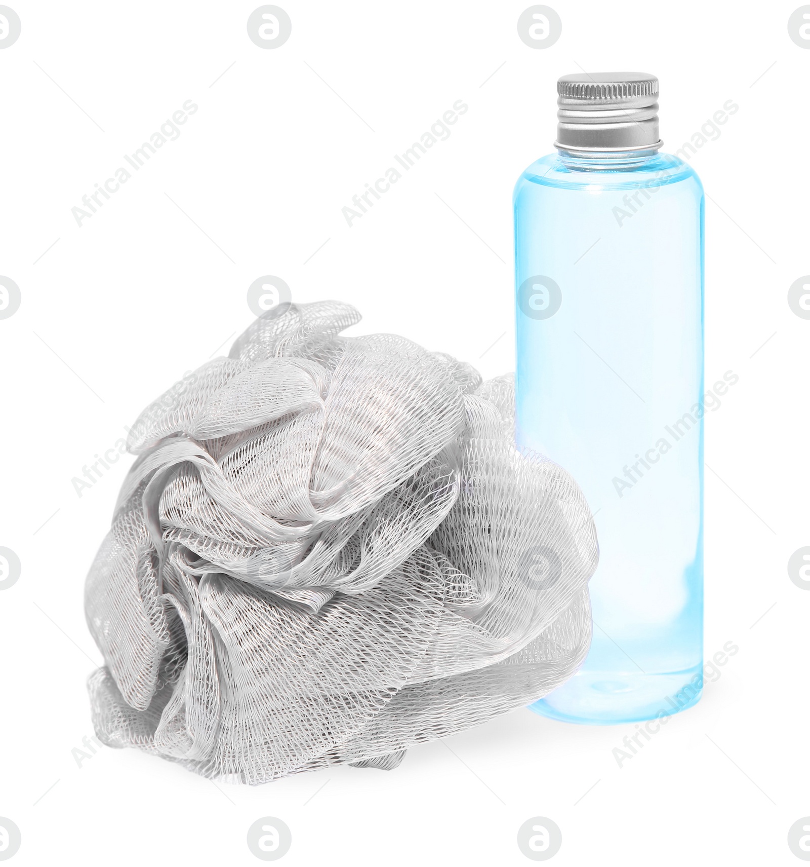 Photo of New grey shower puff and bottle of cosmetic product on white background