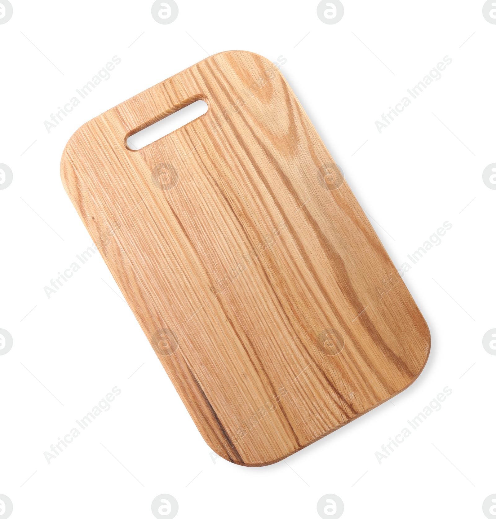 Photo of One wooden cutting board isolated on white, top view