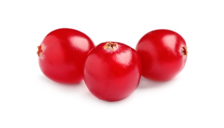 Photo of Fresh red cranberries on white background. Healthy snack