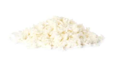 Photo of Heap of delicious mozzarella cheese on white background