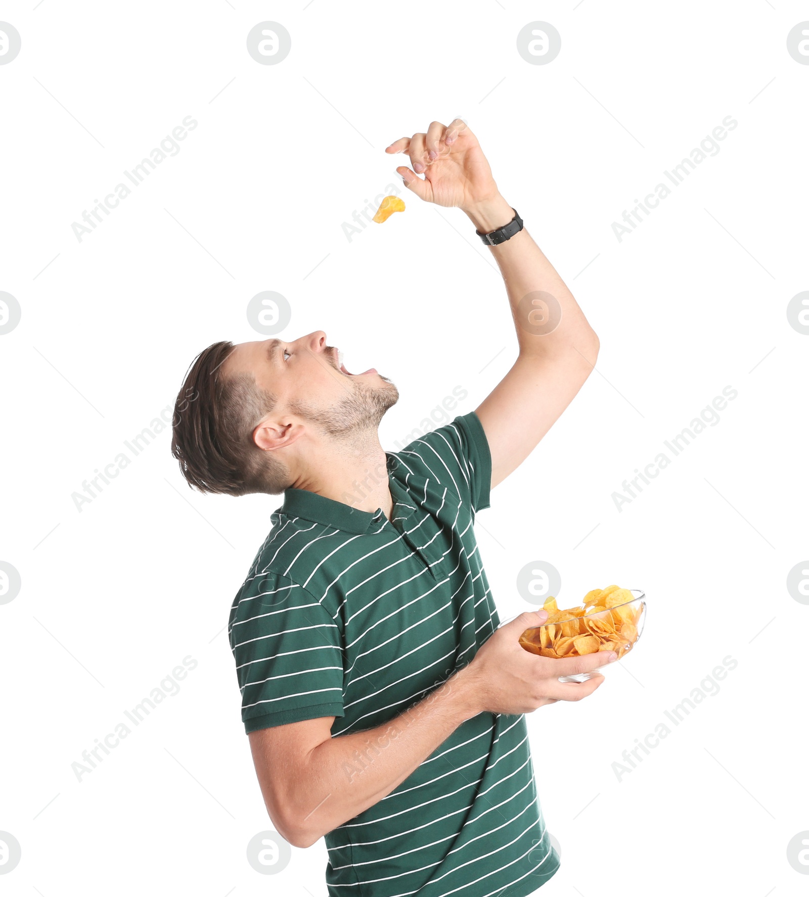 Photo of Man eating potato chips on white background