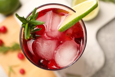 Photo of Tasty cranberry cocktail with rosemary and lime in glass on table, top view
