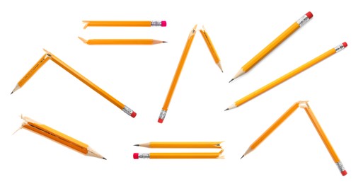 Image of Set with whole and broken pencils on white background