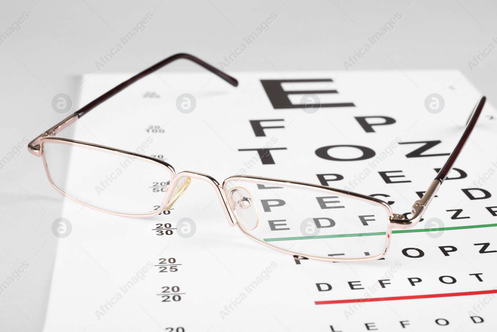 Photo of Glasses on vision test chart, closeup view