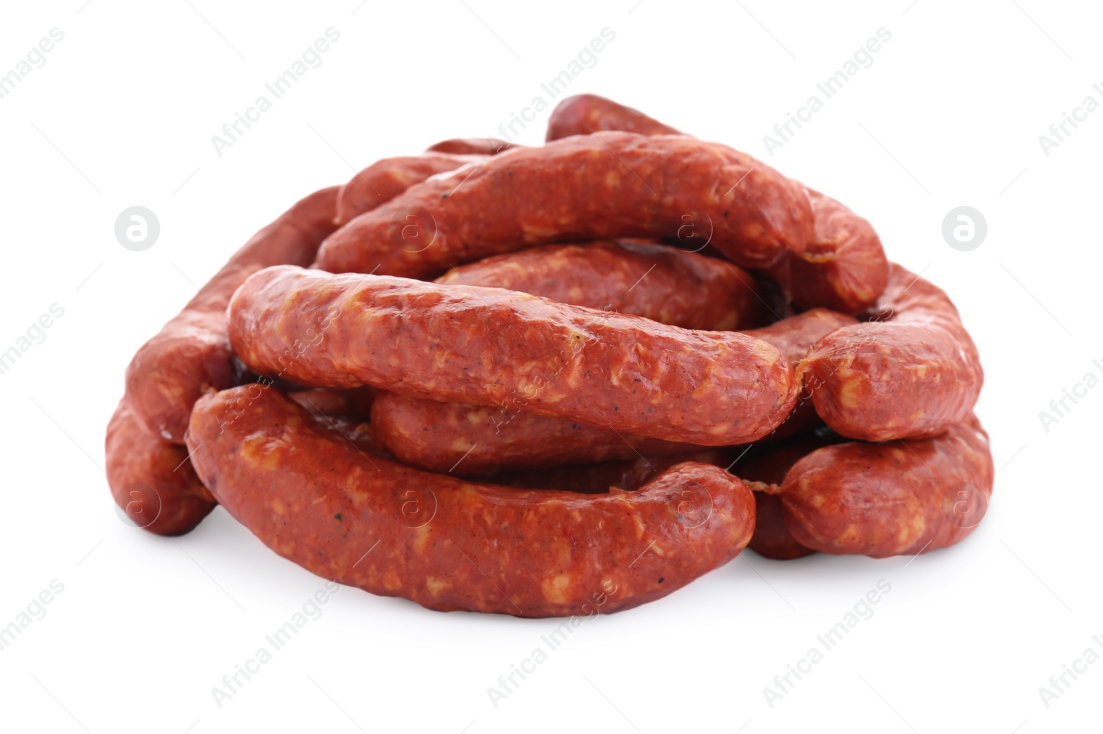 Photo of Many fresh raw sausages isolated on white. Meat product