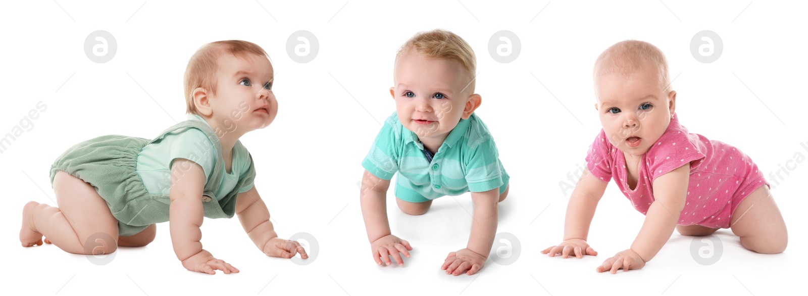 Image of Collage with photos cute little babies crawling on white background. Banner design