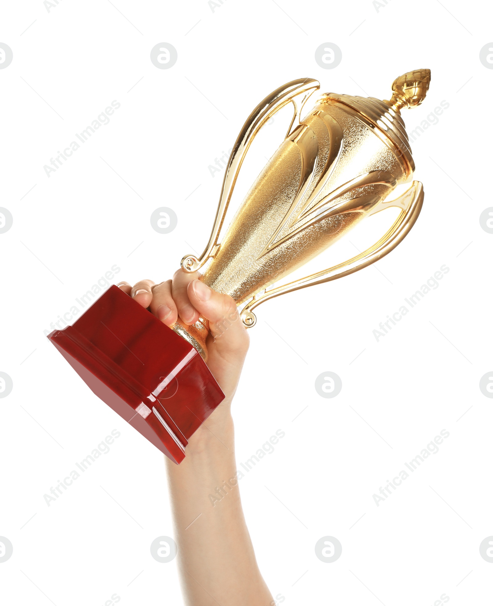 Photo of Young woman holding gold trophy cup on white background, closeup