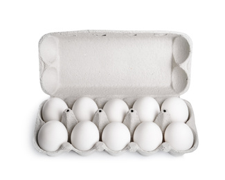 Photo of Box with chicken eggs isolated on white