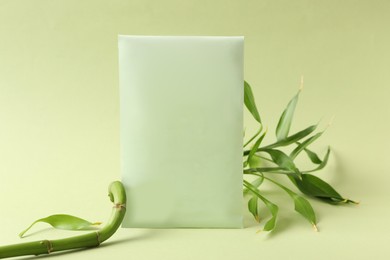 Photo of Scented sachet and bamboo branch on green background