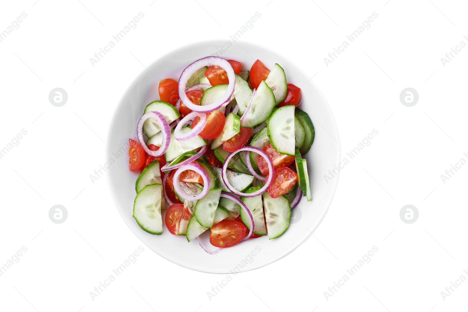 Photo of Fresh tasty salad with cucumber in bowl on white background, top view