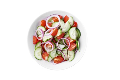 Photo of Fresh tasty salad with cucumber in bowl on white background, top view