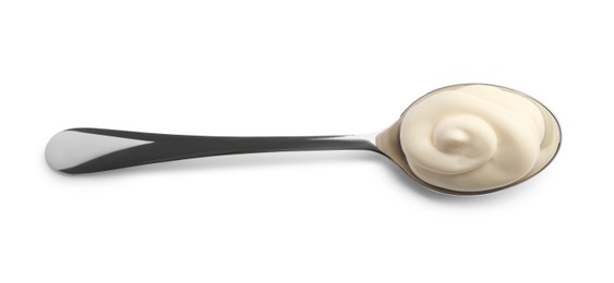 Photo of Natural yogurt in spoon isolated on white, top view