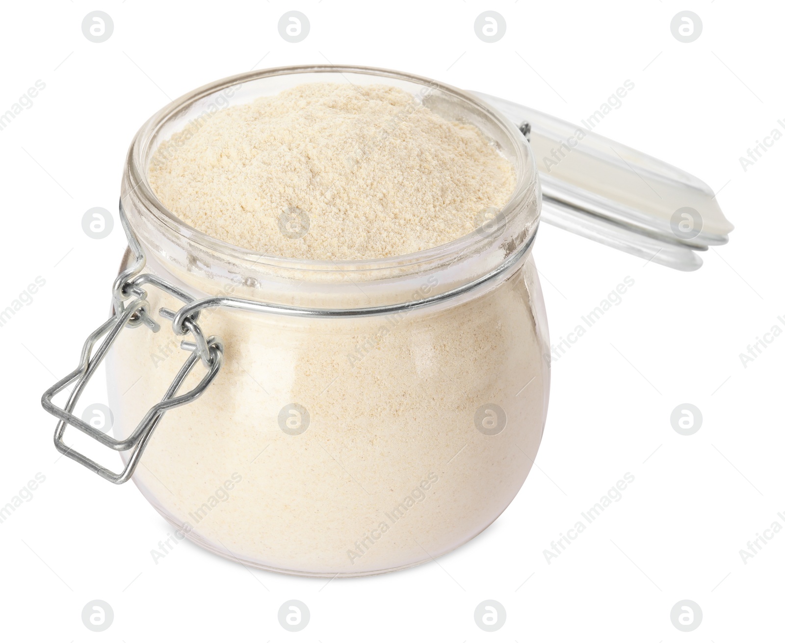 Photo of Jar with quinoa flour on white background