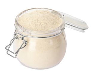 Photo of Jar with quinoa flour on white background