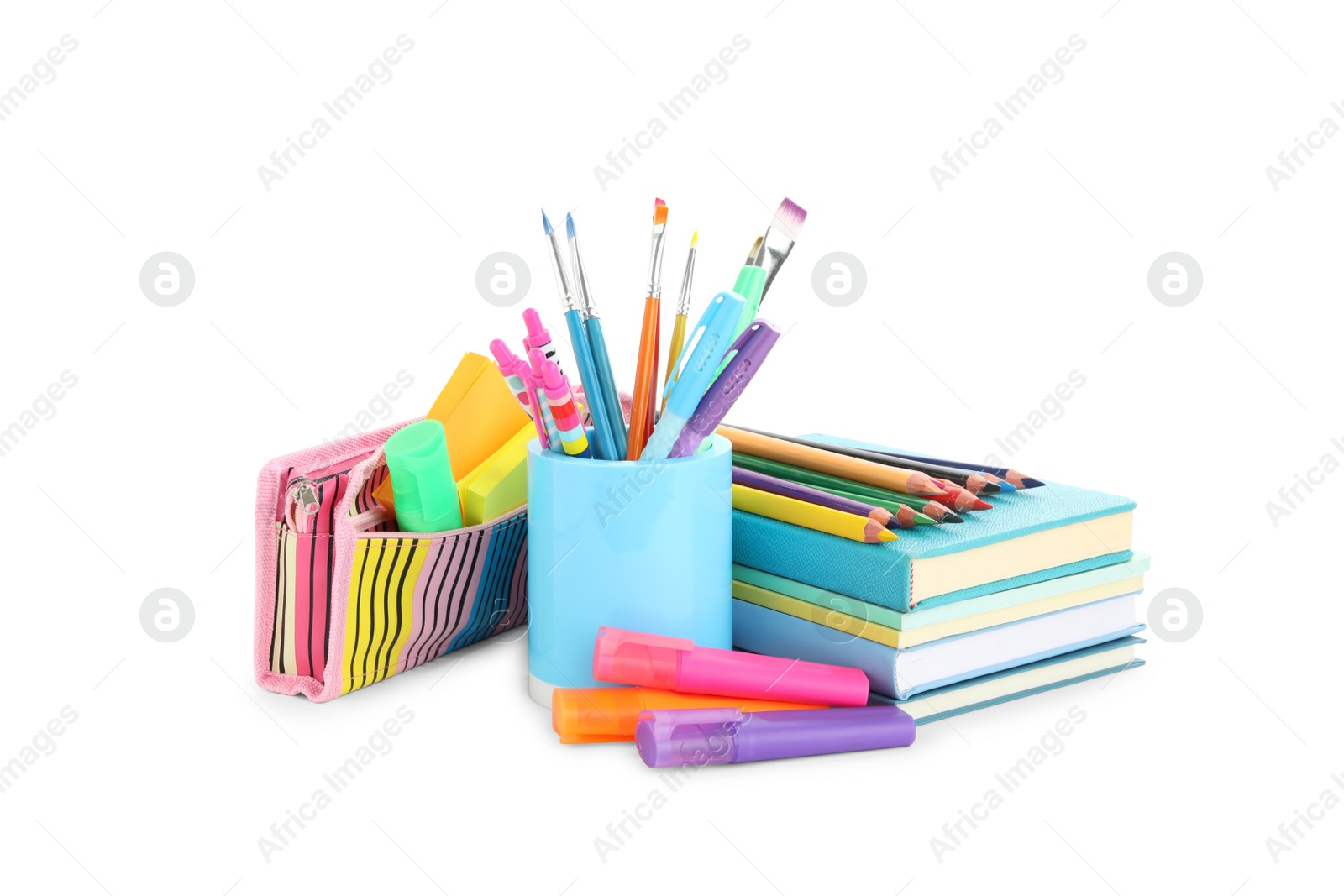 Photo of Set of colorful school stationery on white background