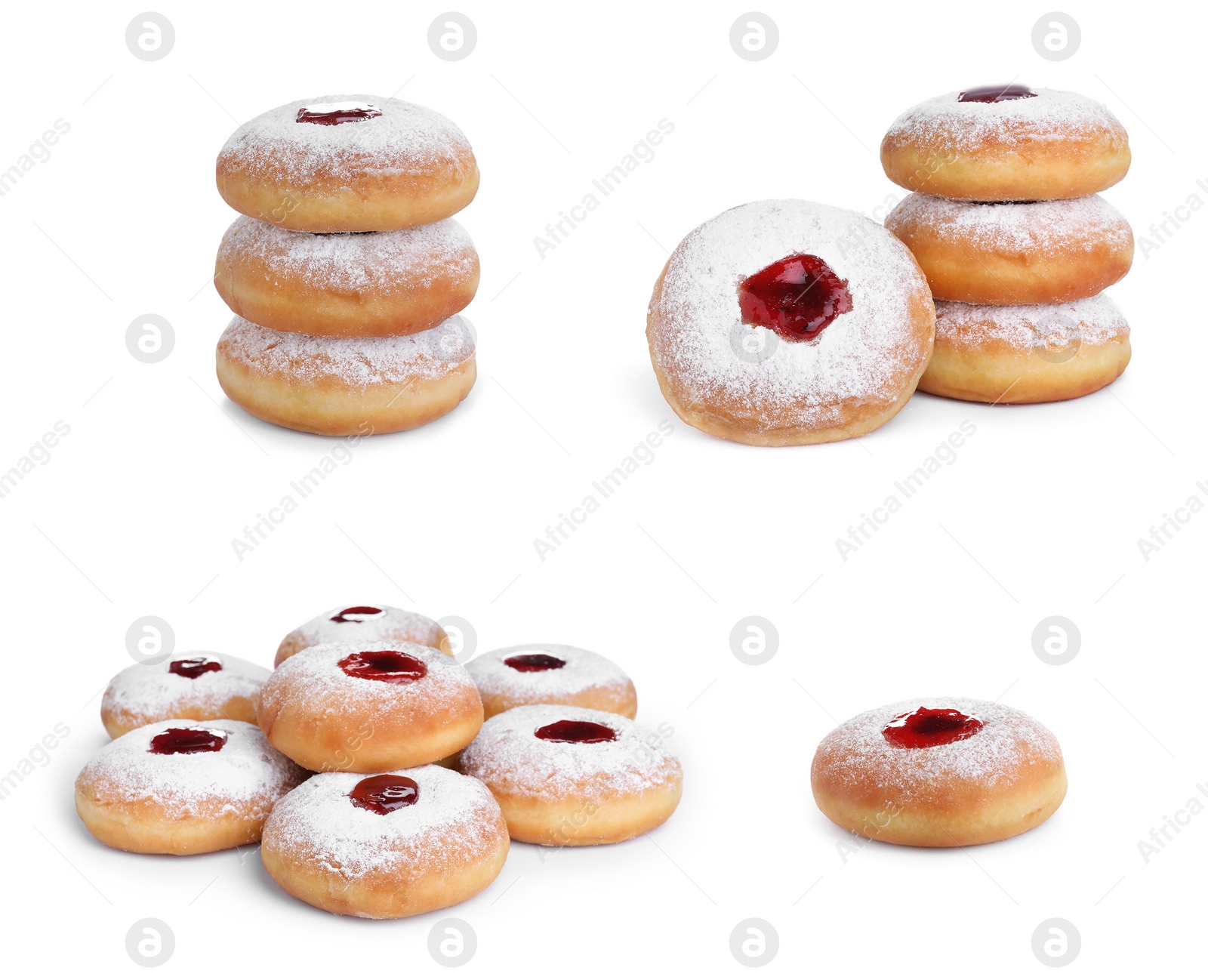 Image of Hanukkah doughnuts with jelly and sugar powder on white background, collage