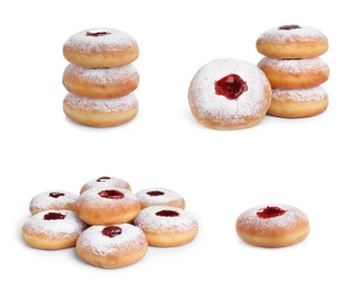 Image of Hanukkah doughnuts with jelly and sugar powder on white background, collage