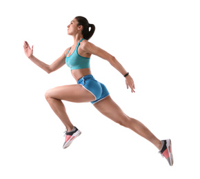 Athletic young woman running on white background, side view