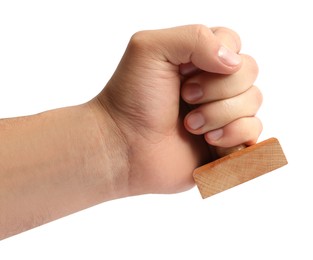 Man with wooden stamp tool on white background, closeup