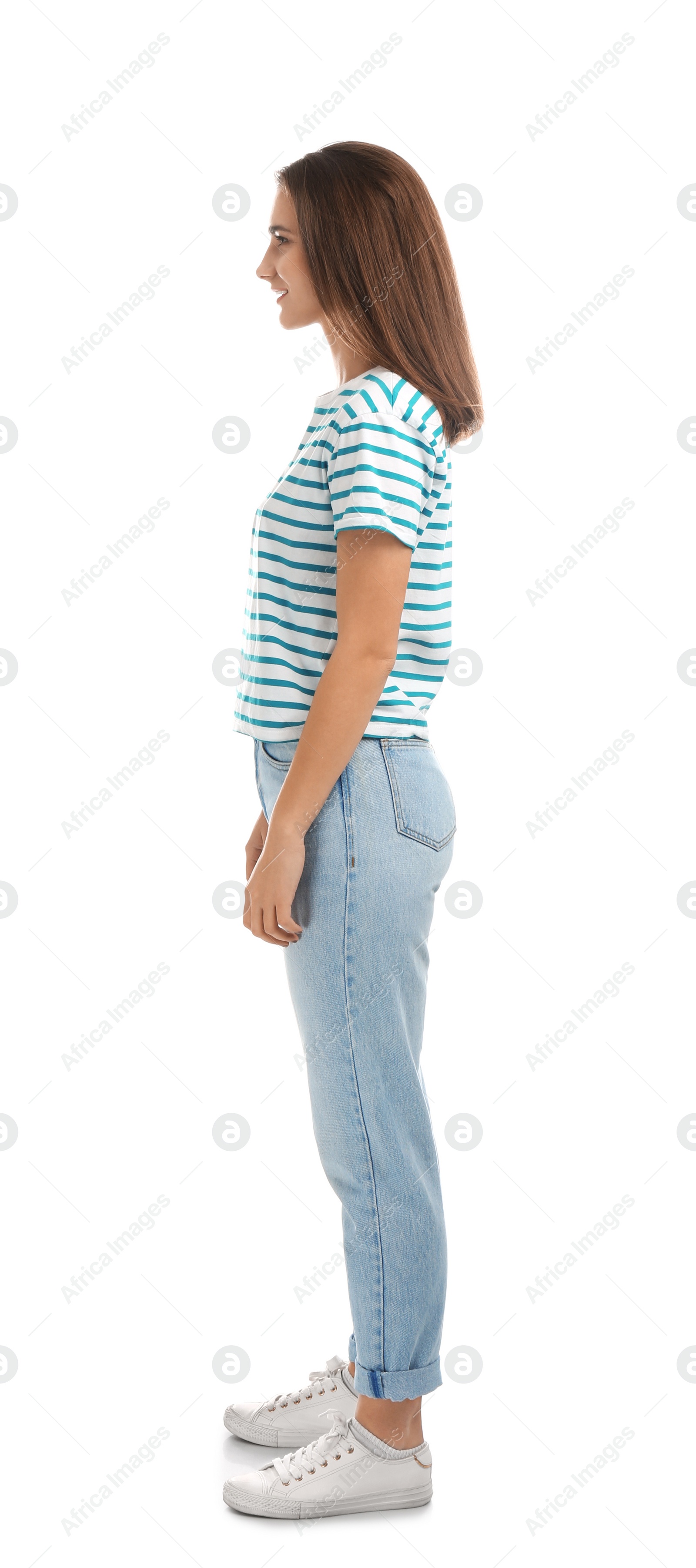 Photo of Full length portrait of beautiful young woman on white background