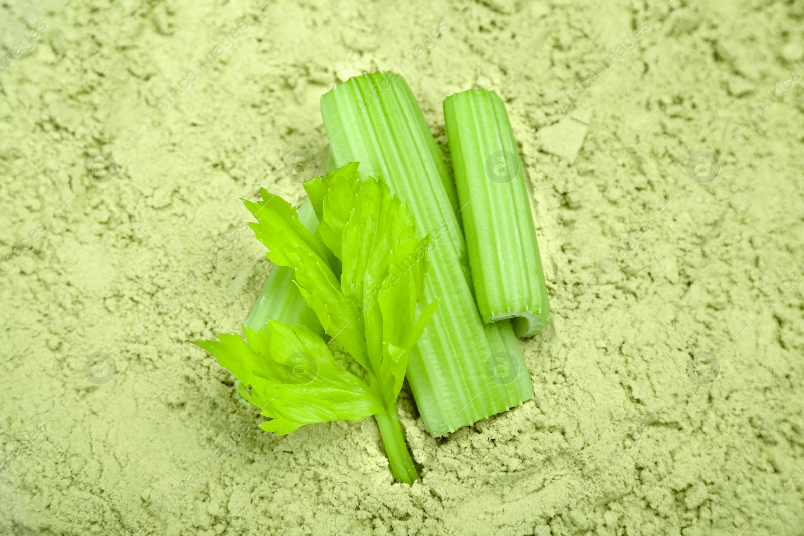 Photo of Fresh stalks on natural celery powder, above view