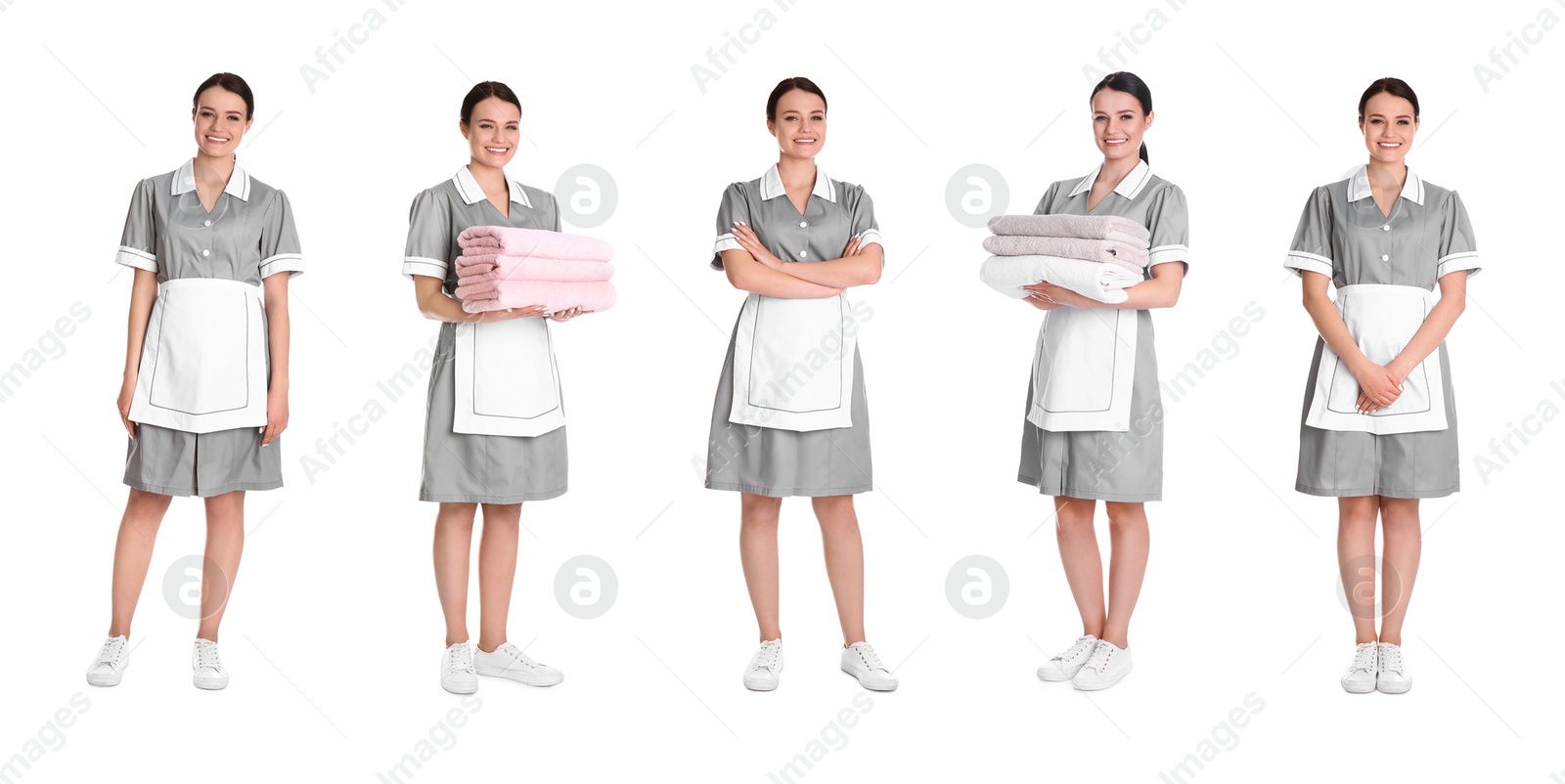 Image of Collage with photos of chambermaid on white background. Banner design