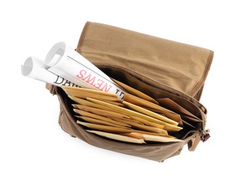 Brown postman's bag with envelopes and newspapers on white background, top view