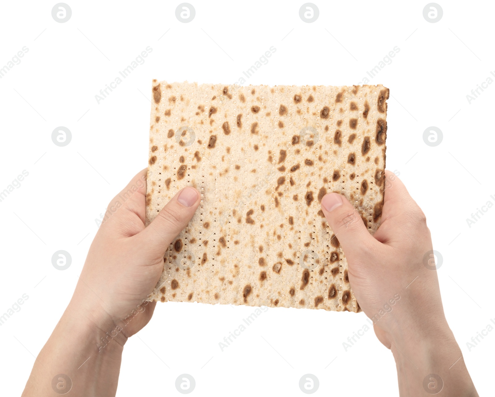 Photo of Woman with passover matzo on white background, closeup