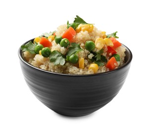 Photo of Tasty quinoa porridge with vegetables and parsley in bowl isolated on white