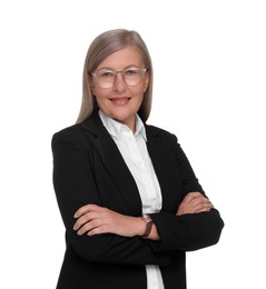 Photo of Portrait of smiling woman in glasses with crossed arms on white background. Lawyer, businesswoman, accountant or manager
