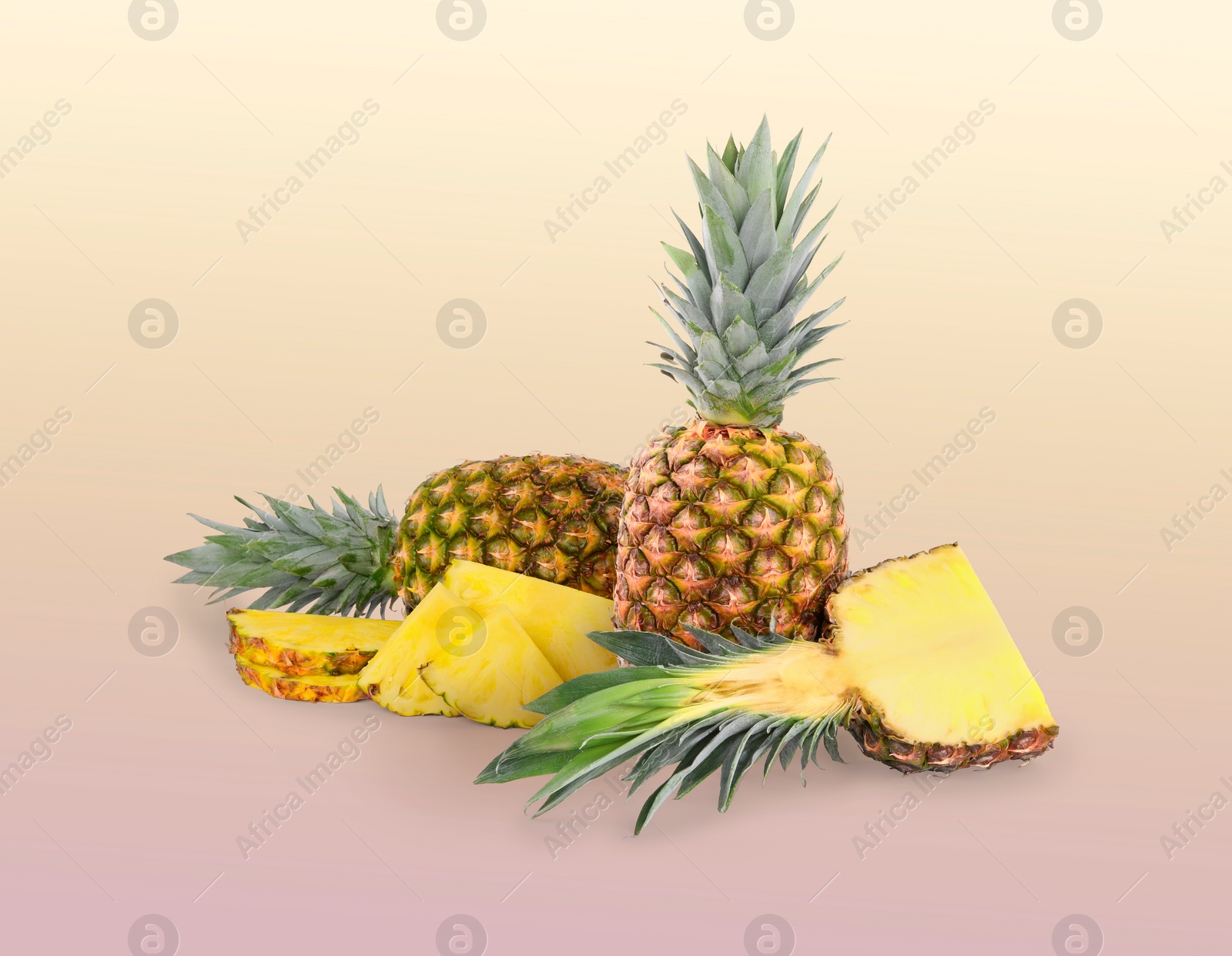 Image of Cut and whole pineapples on color gradient background