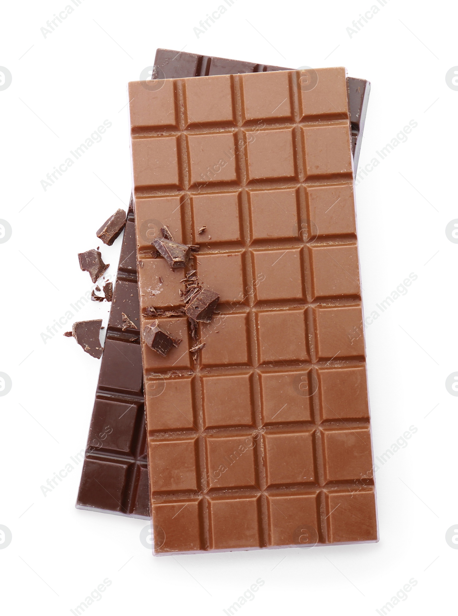 Photo of Different delicious chocolate bars on white background, top view