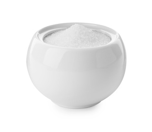 Photo of Ceramic bowl with sugar isolated on white
