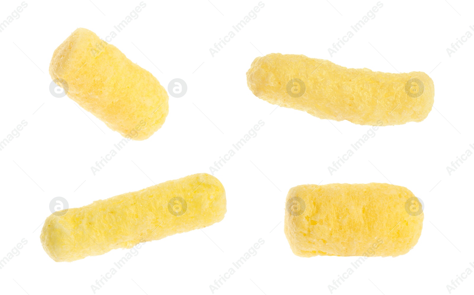 Image of Collage with tasty corn sticks on white background