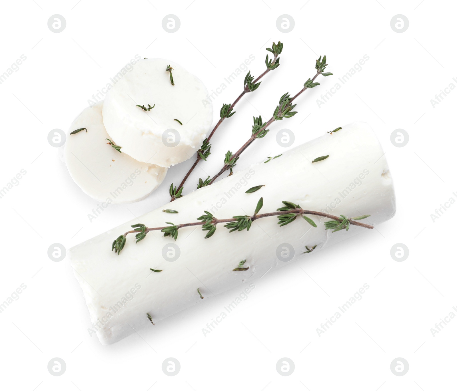 Photo of Delicious goat cheese with thyme on white background, top view