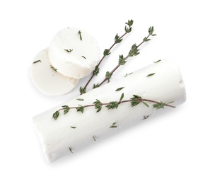 Delicious goat cheese with thyme on white background, top view