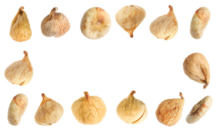 Image of Frame of dried fig fruits on white background. Banner design