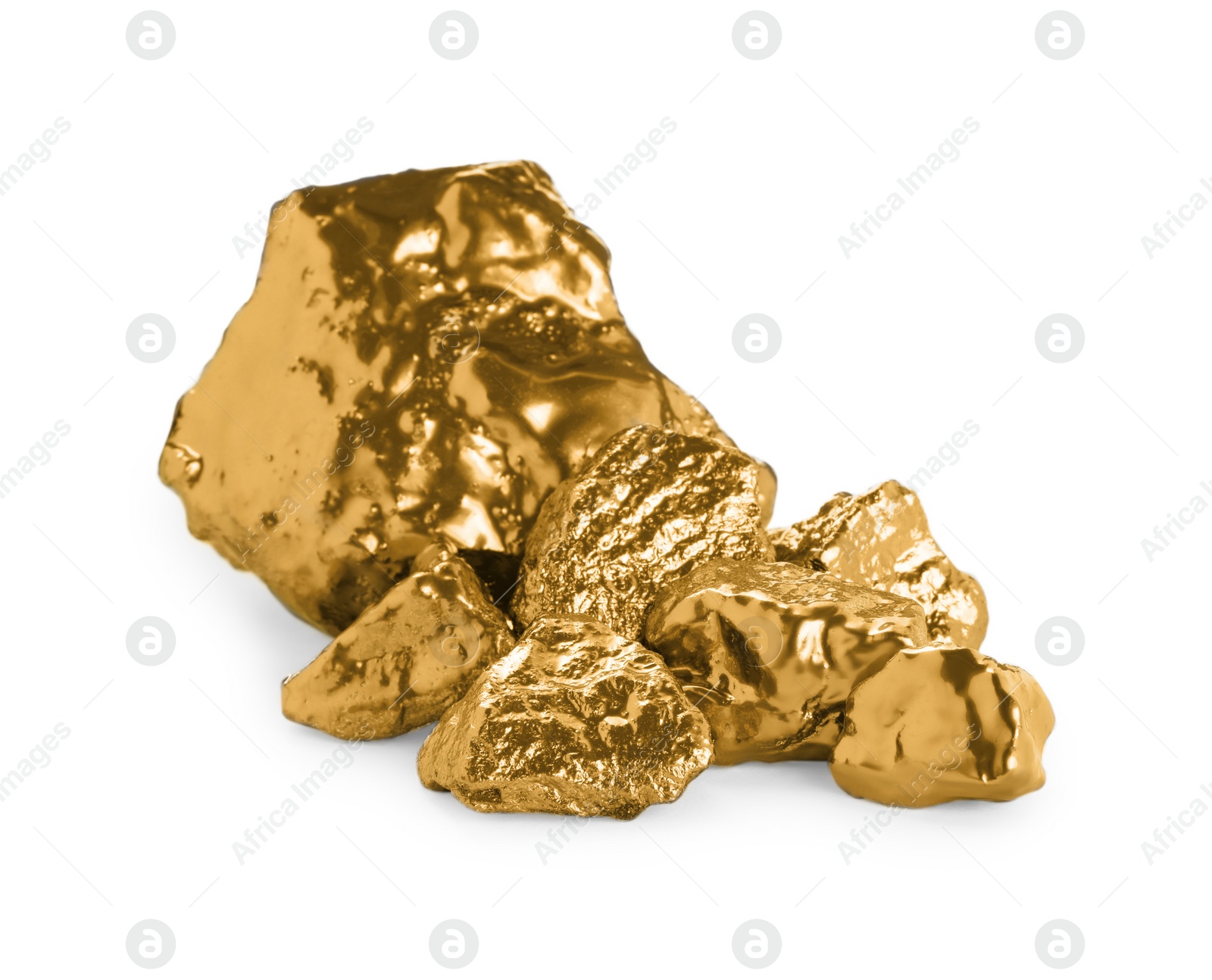 Photo of Pile of shiny gold nuggets on white background