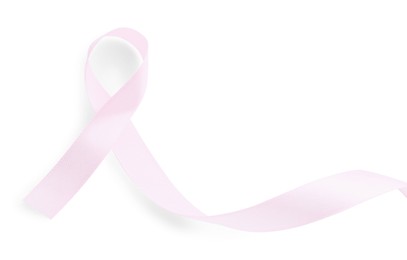 Photo of Pink awareness ribbon isolated on white, top view