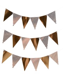 Photo of Rows of triangular bunting flags on white background. Festive decor
